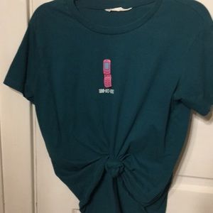 Teal, 80’s style, tee shirt.